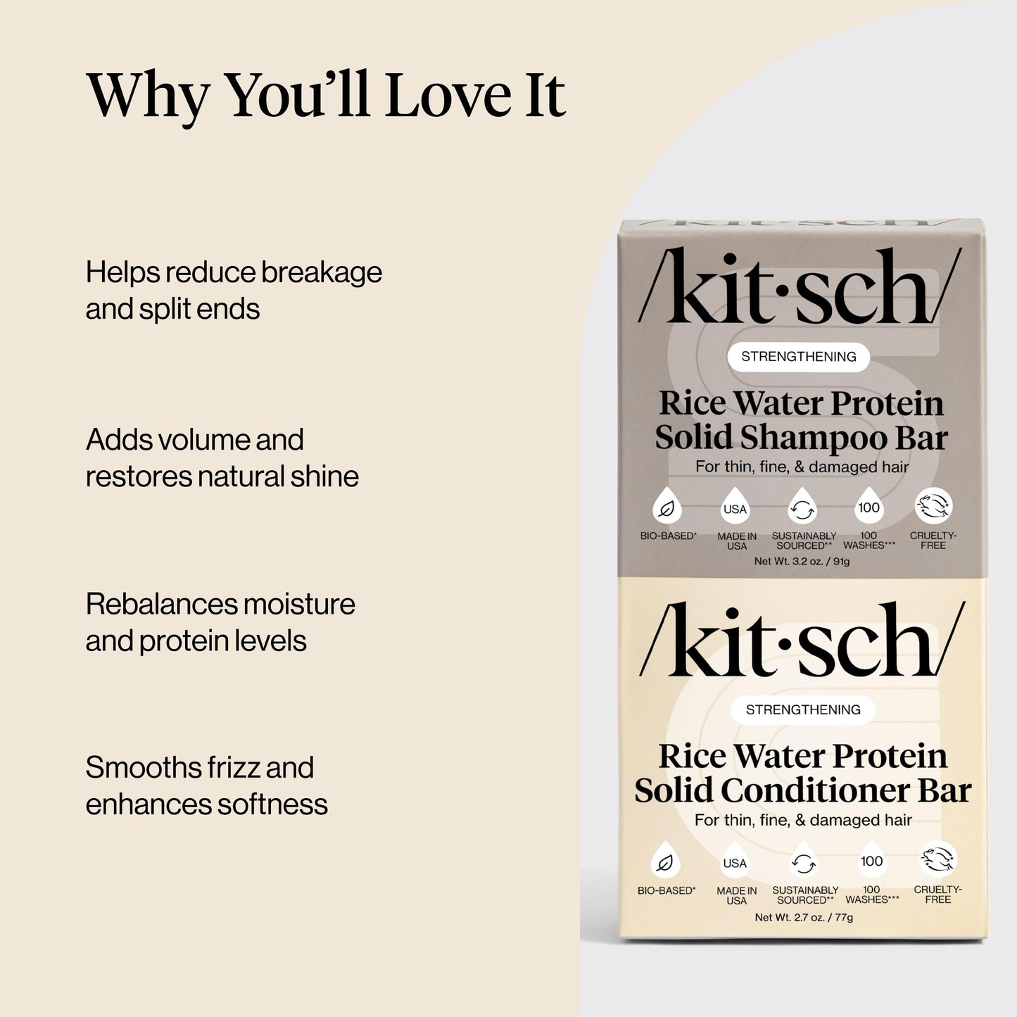Kitsch Rice Water Protein Solid Shampoo and Conditioner Set for Hair Growth - Strengthening Hair Care Duo w/Rice Protein & Vitamins for Damage Repair