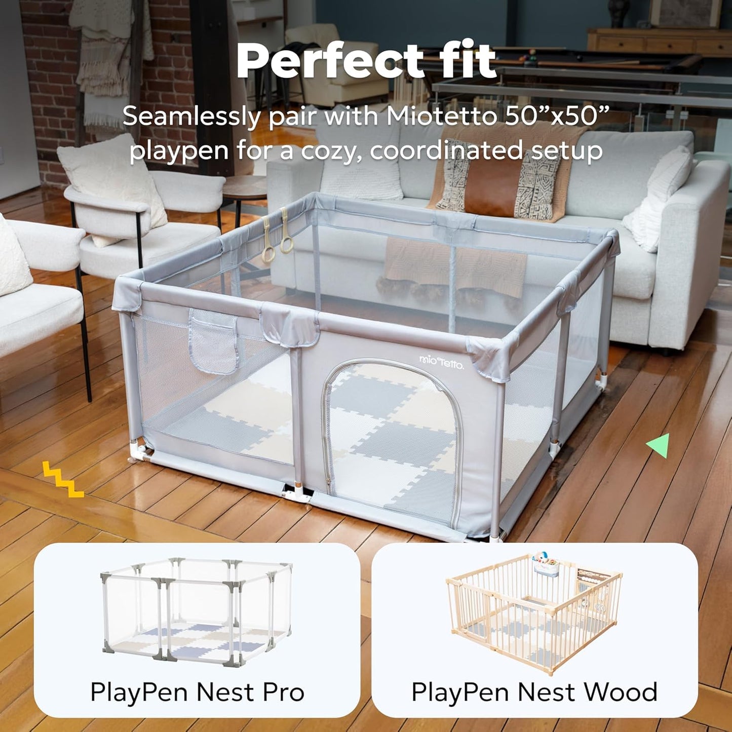 MioTetto Foam Floor Tiles for Kids – Non-Toxic Soft Baby Play Mat, Interlocking Foam Tiles for Crawling & Development, Fits 50x50 Playpen, Ages 6–12M