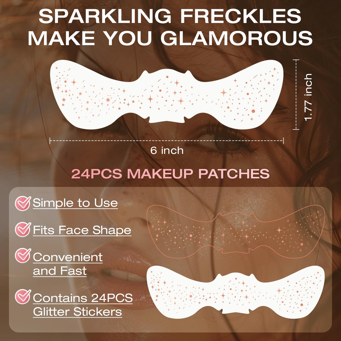 Leterly 24 Pcs Glitter Freckles Face Tattoo,Rose Gold Face Glitter Makeup Patches Cute Sparkle Freckles Patches Waterproof Makeup Speckles for Face