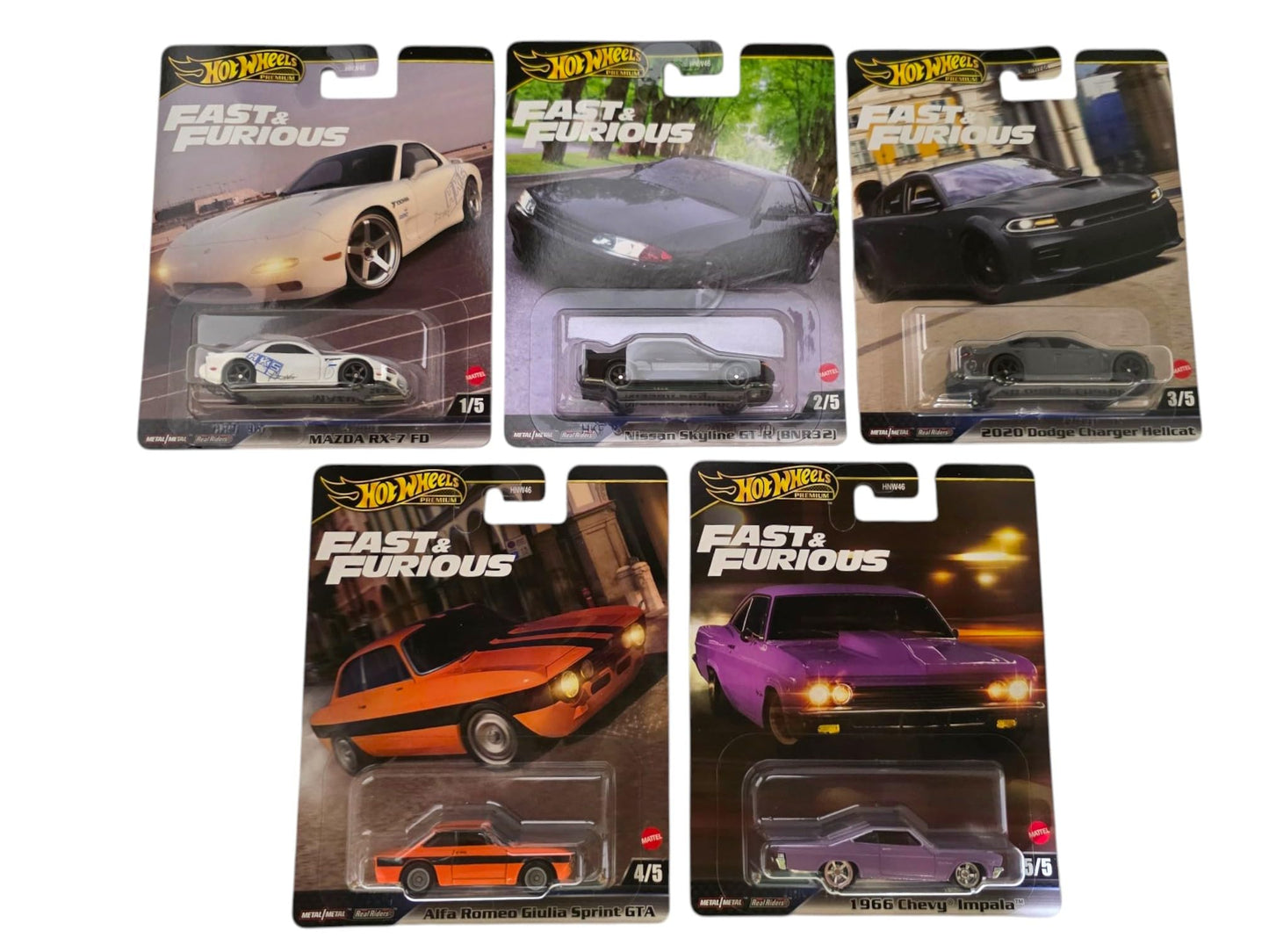Hot Wheels Fast & Furious Die-Cast Cars Collection, 5-Pack Set, Mazda RX-7, Nissan Skyline, Dodge Charger, Alfa Romeo, Plymouth HNW-956K