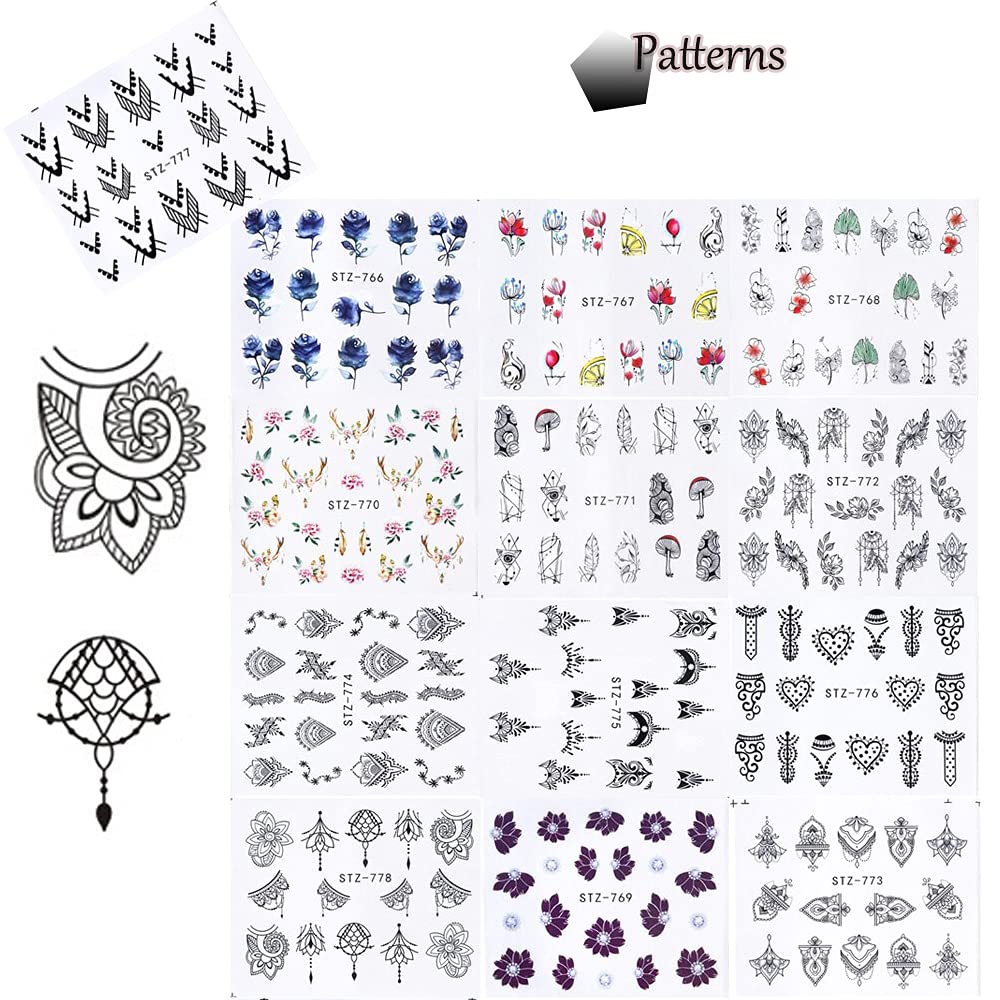 13 Sheets Black Nail Stickers Boho Retro Nail Decals Black Nail Tattoos Water Transfer Nail Decals Nails Supply Necklace Jewelry Feather Nail Design