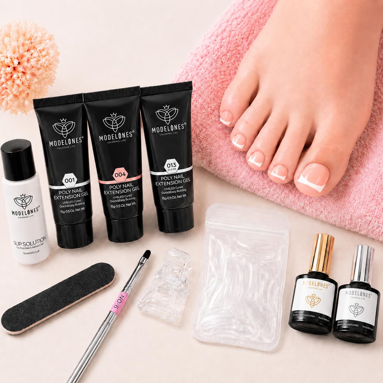Modelones Poly Gel Nail Kit 3 Colors Clear White Apricot with Slip Solution Dual Nail Forms Top Base Coat Extension Builder Gel Polygel Toenail Kit Beauty and Personal Care modelones