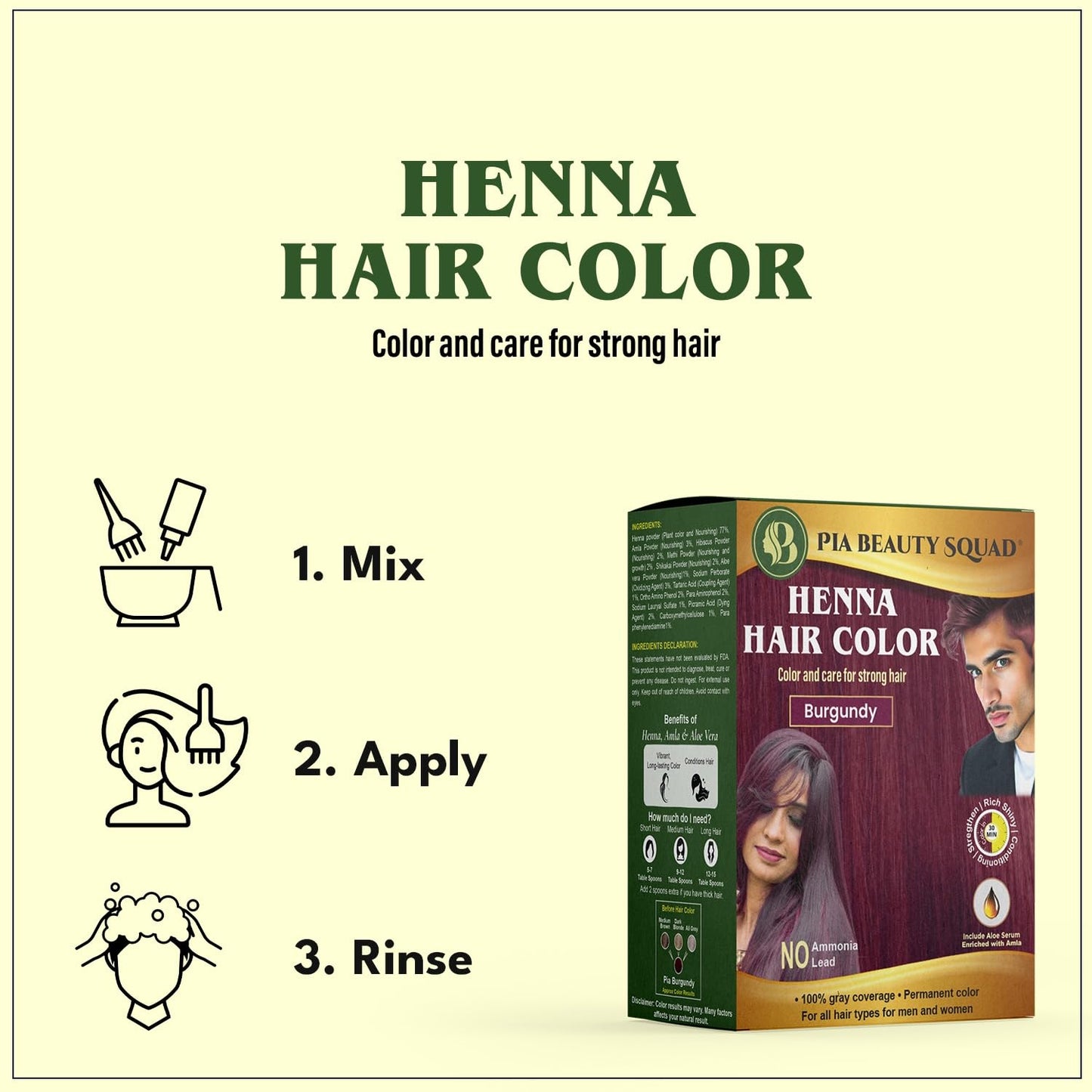 PIA Beauty Henna Hair Color Kit - Black - 30 Minute Ayurvedic Hair Dye with Serum - 100% Grey Coverage |Color mix+ Shine Serum | For Men & Women