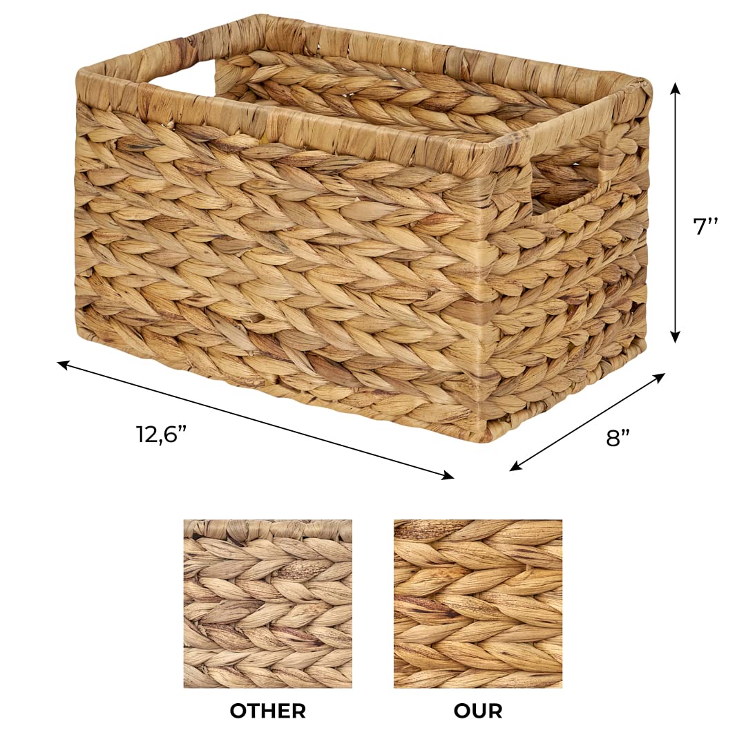 BARIEN Set of 6 Natural Water Hyacinth Woven Storage Baskets 12.6” x 8” x 7”, Rectangular Wicker Basket with Built-in Handles, Medium (Natural - Set…