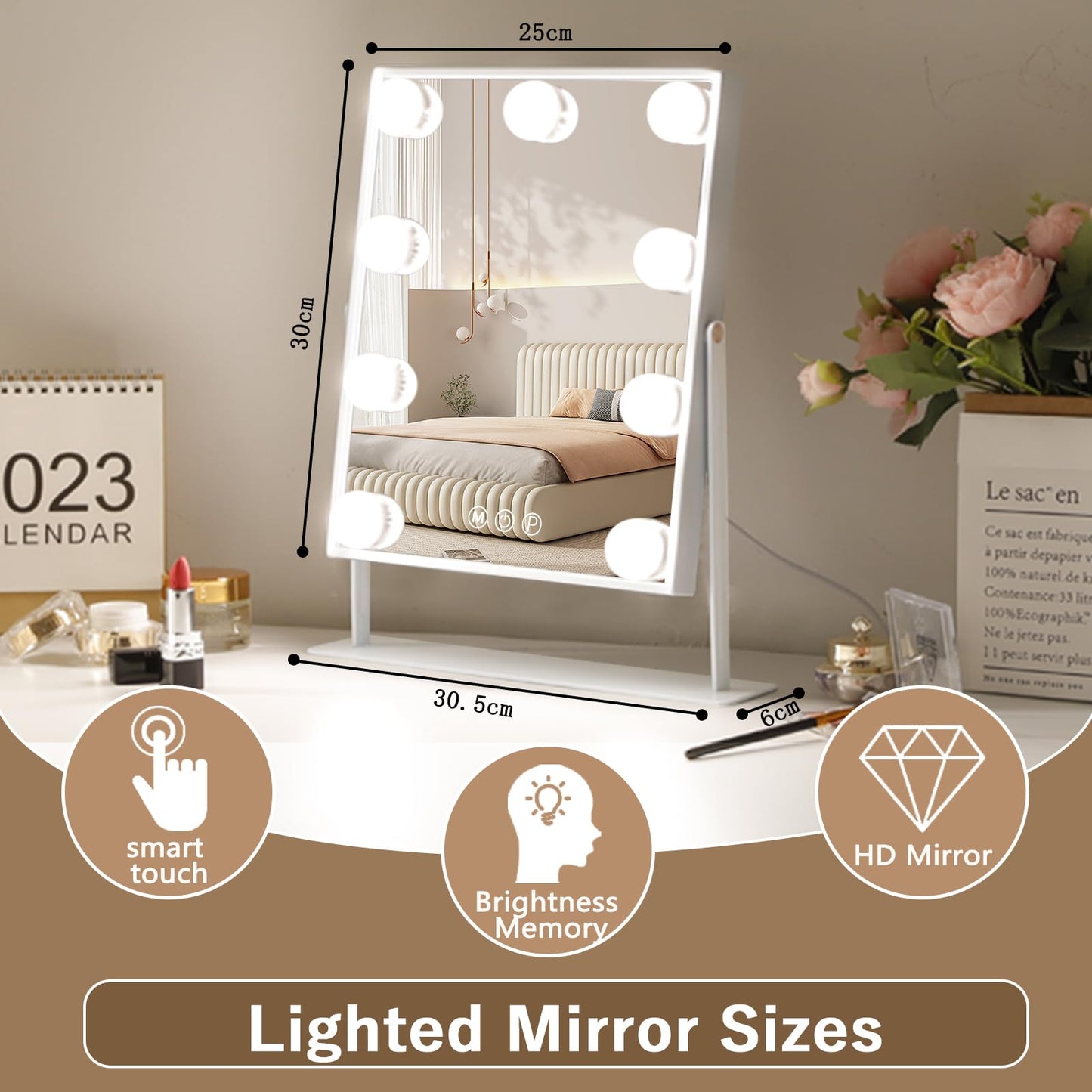 Hansong Vanity Mirror with Lights Lighted Makeup Mirror with 9 LED Bulbs Plug in Light Up Makeup Mirror with Lights 360 Rotation with 10x Magnifying