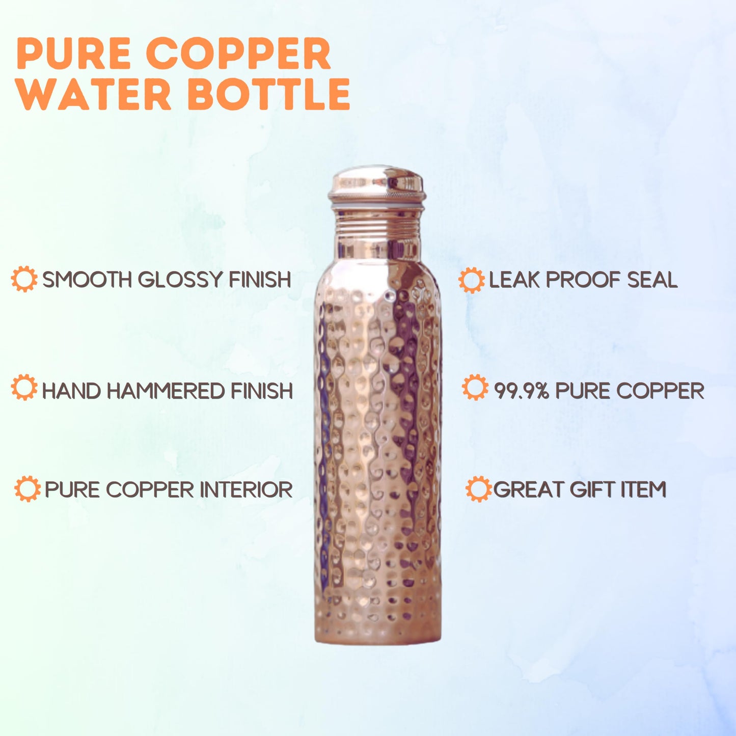 Hammered Copper Bottle 34oz, Leakproof Ayurvedic Copper Vessel for Yoga, Gym, Sports, Travel & Daily Use