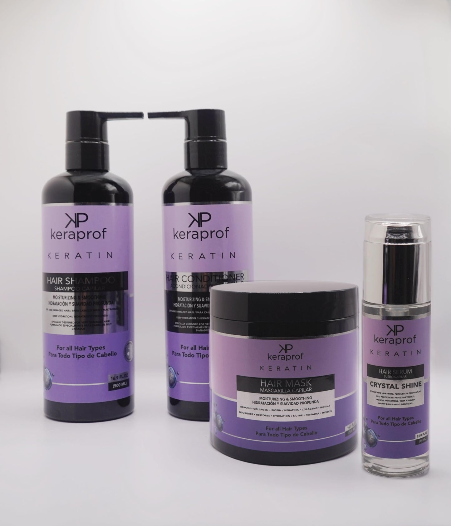 KeraProf Keratin Hair Care Set, Shampoo, Conditioner, Hair Mask, Crystal Shine Serum, Moisturizing and Smoothing Treatment for All Hair Types, 4 Piece