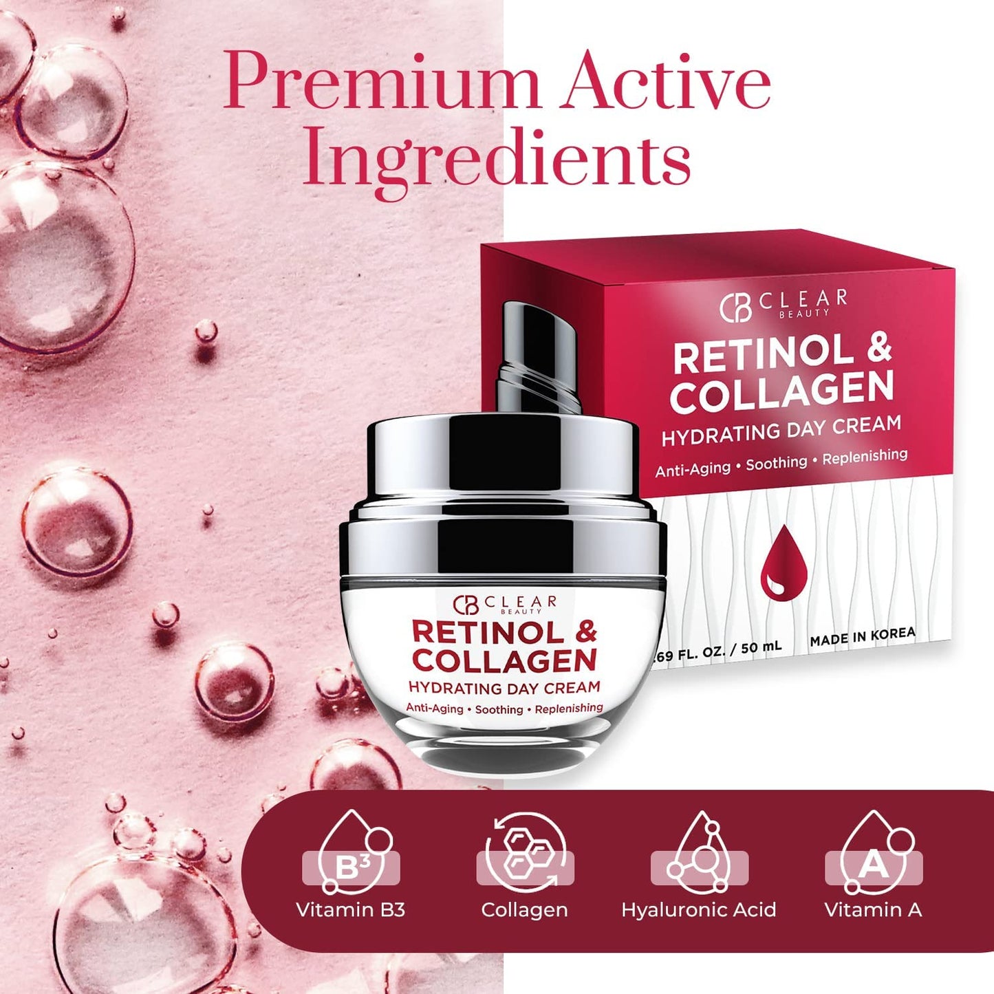 Clear Beauty Retinol & Collagen Face Moisturizer - Dermatologist Tested, Anti Aging Korean Skin Care - Firming Day Cream, Smooths Lines, Hydrates