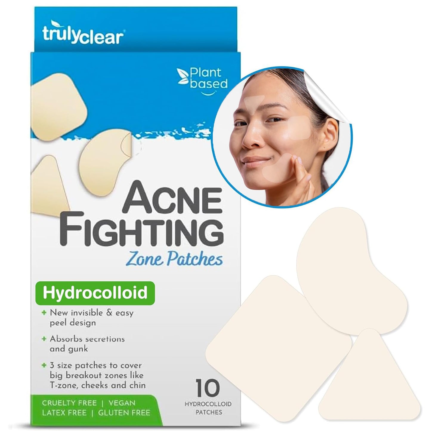 Truly Clear Large Acne Pimple Patches for Face & Body - 10 Count, Hydrocolloid Blemish & Zit Patches for Face & Body - Plant-Based, Cruelty-Free Acne