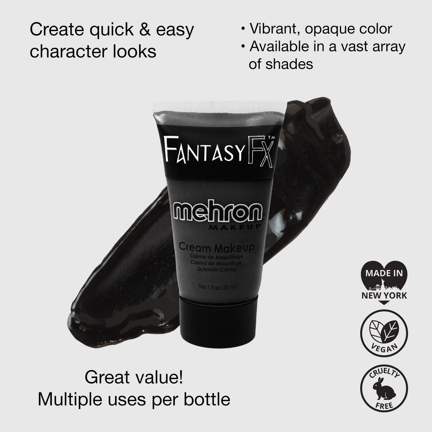 Mehron Makeup Fantasy FX Cream Makeup | Water Based | Halloween | Black Face & Body Paint For Adults 1 fl oz (30ml) (Black) | Made in the USA