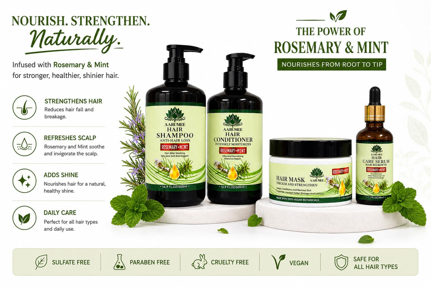 AARUMEE Rosemary & Mint Hair Care Set, Shampoo, Conditioner, Hair Mask & Serum, Anti-Hair Loss, Sulfate Free, Vegan