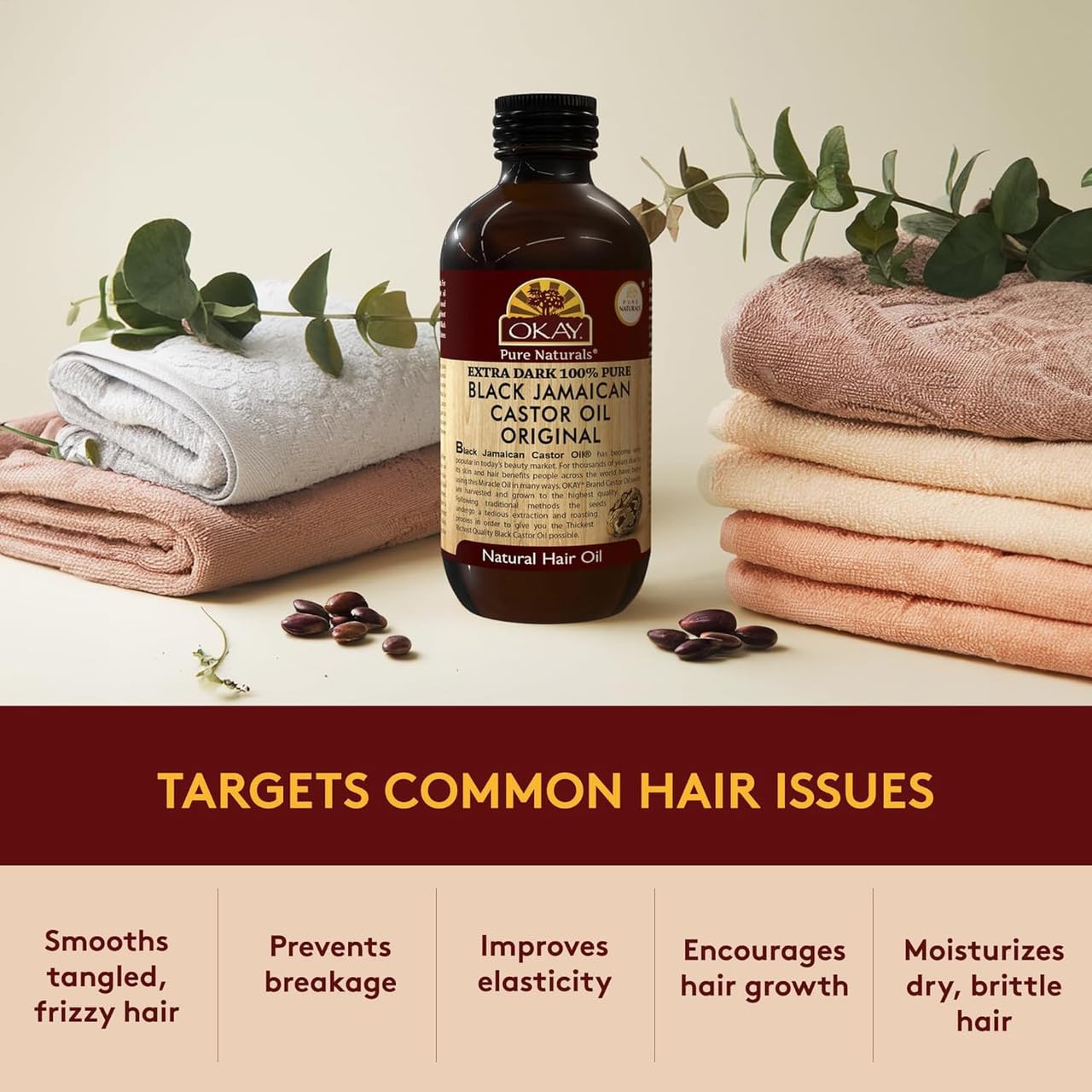OKAY Pure Naturals Black Jamaican Castor Oil - Castor Oil for Hair Health, Moisture for Skin, Body, Scalp, Eyelashes, Eyebrows, for Men & Women - 4 oz
