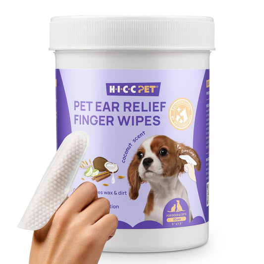 HICC PET Dog Ear Wipes Finger 50 Count - Ear Cleaner Wipes for Dogs & Cats, Relieve Itching, Inflammation, Remove Wax & Dirt, Fresh Coconut Scent