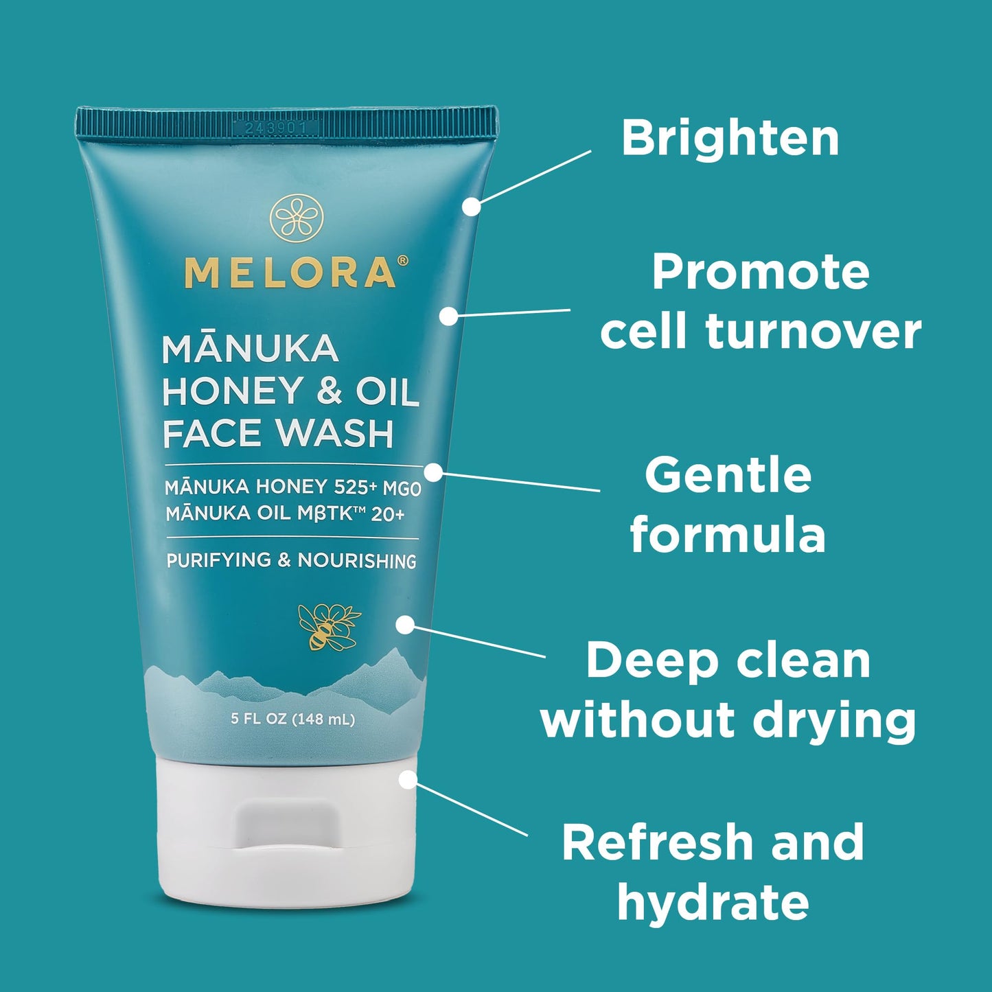 MELORA Manuka Honey Face Wash (5 Oz), Daily Skin Care Facial Cleanser & Makeup Remover with Manuka Honey & Oil for Dry or Sensitive Skin - Anti-Aging