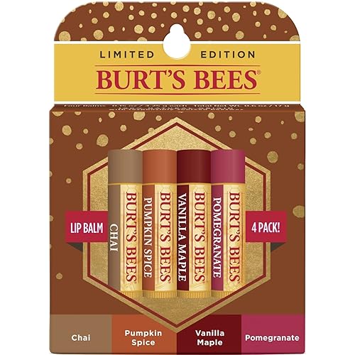 Burts Bees 100% Natural Moisturizing Lip Balm, Winter Variety Pack, Chai Tea, Pumpkin Spice, Vanilla Maple, Pomegranate, 4 Tubes of Lip Balm, 0.15