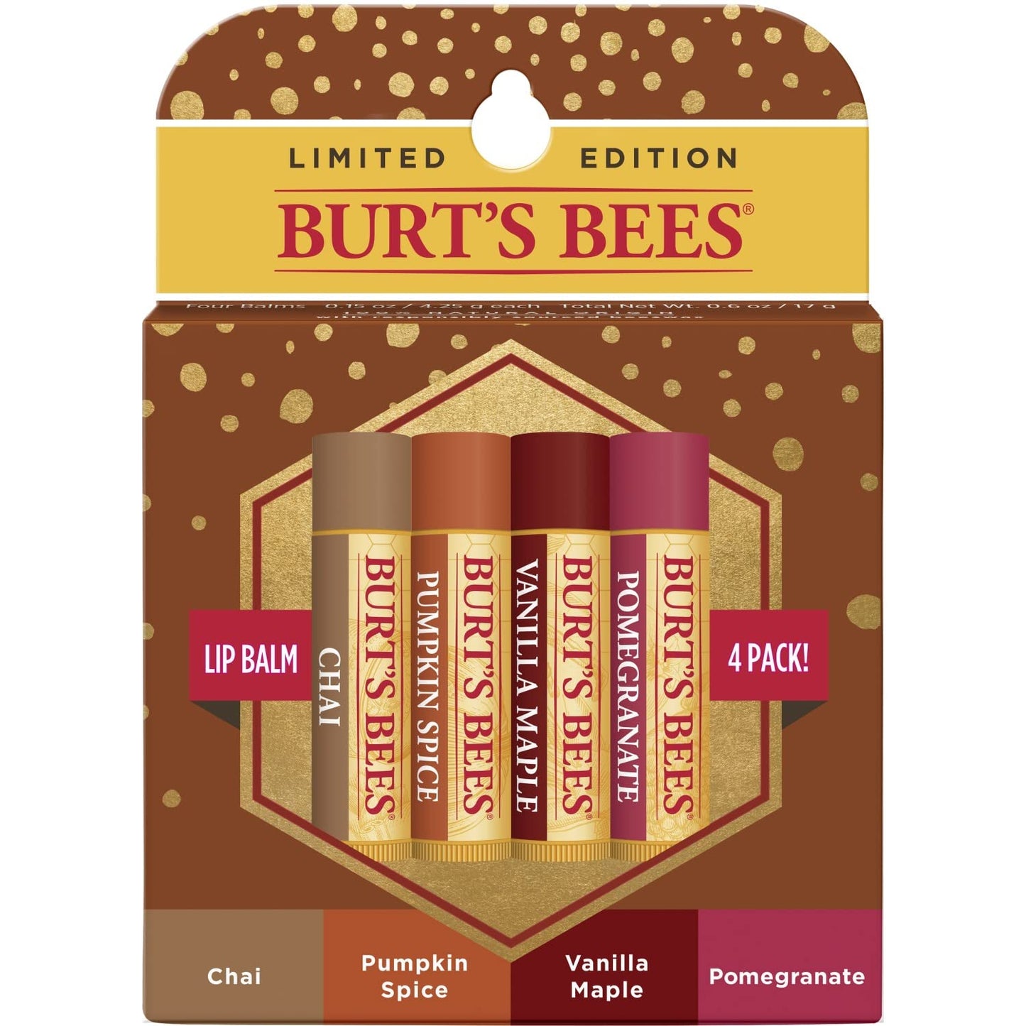 Burts Bees 100% Natural Moisturizing Lip Balm, Winter Variety Pack, Chai Tea, Pumpkin Spice, Vanilla Maple, Pomegranate, 4 Tubes of Lip Balm, 0.15