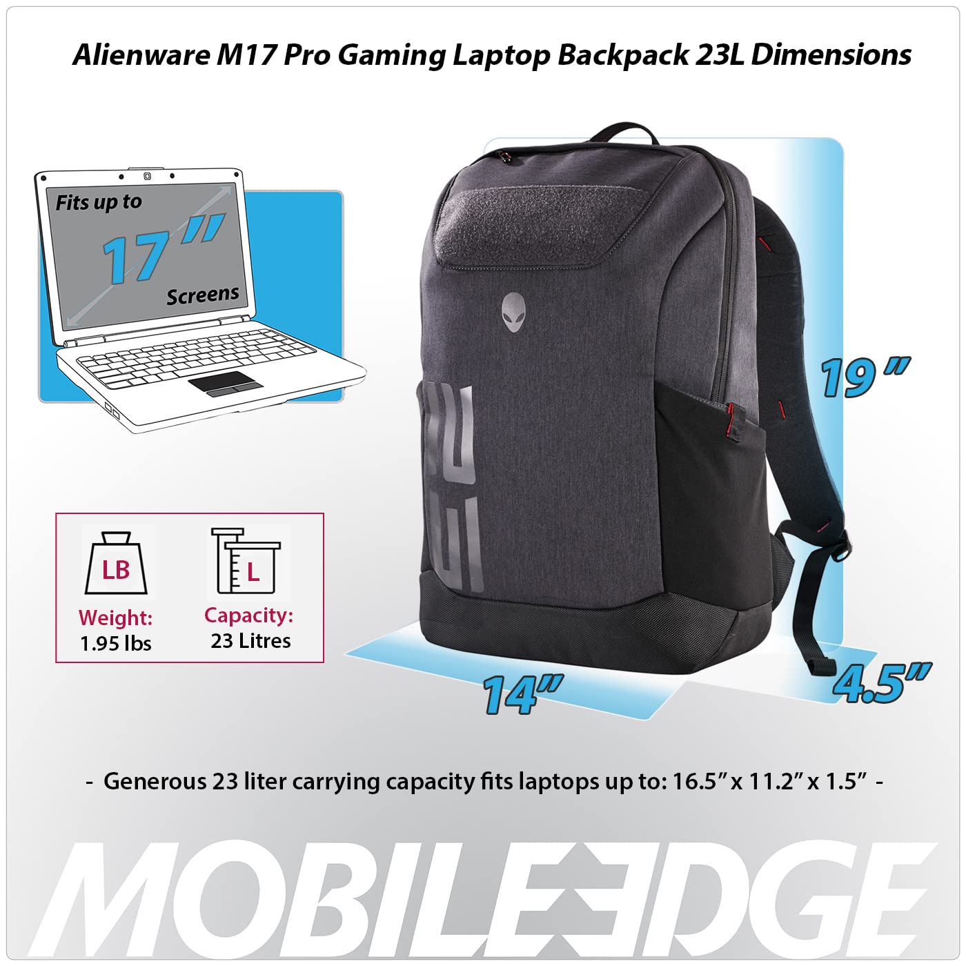 Dell Alienware m17 Pro Gaming Laptop Backpack 15-Inch to 17-Inch, Gray/Black, (AWM17BPP)