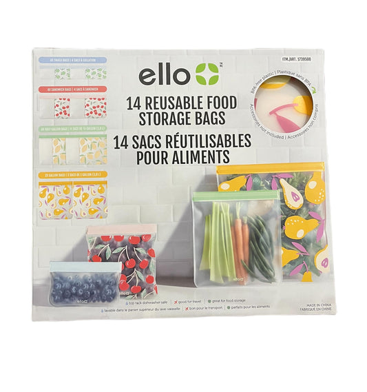 Ello 14 Reusable Produce Bags, Assorted Sizes (Snack, Sandwich, Half Gallon), Zipper Closure, PEVA Material, Multicolored, Leak Resistant, Dishwasher…