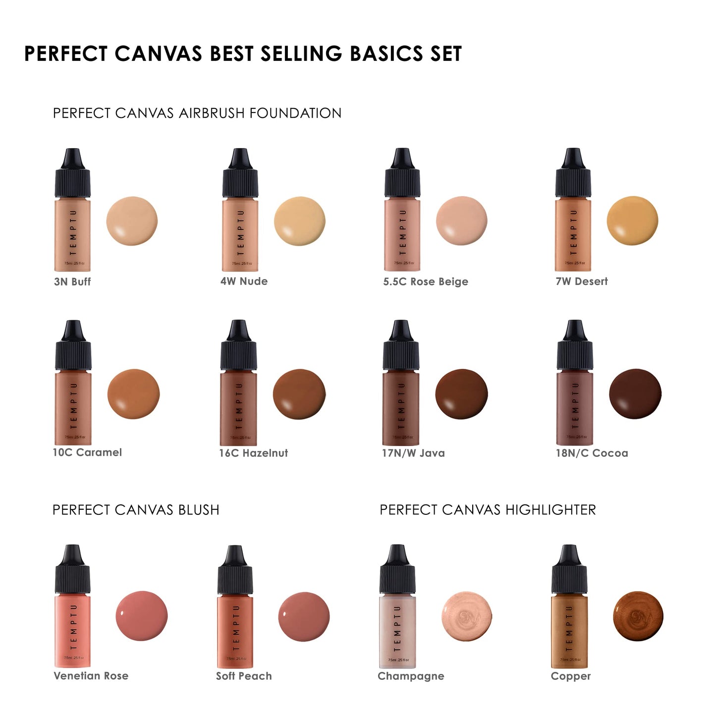 TEMPTU Perfect Canvas Airbrush Foundation, Blush, Highlighter Set: Long-Wear Makeup, Buildable Coverage | For Hydrated & Healthy Skin | Semi Matte