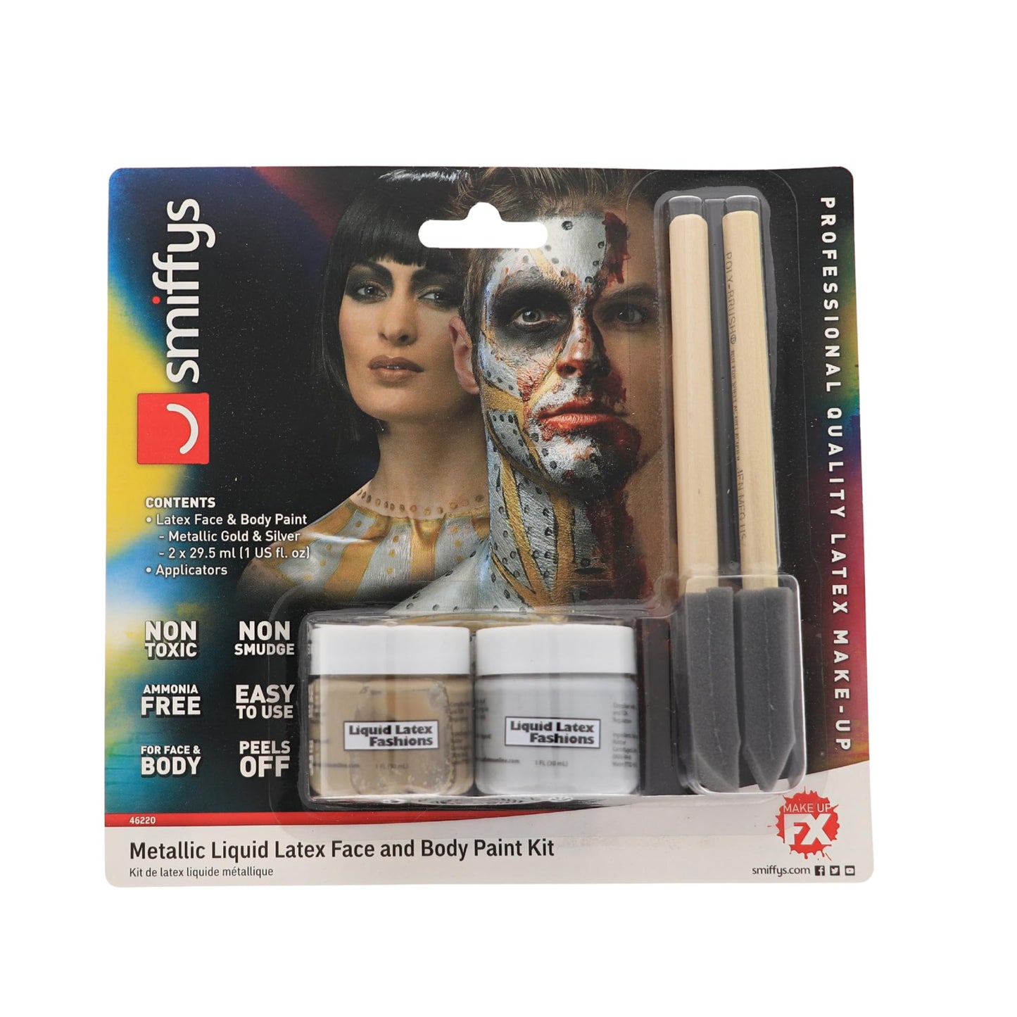 2-Pack Metallic Liquid Latex Kit - two 1 fl oz Gold & Silver, Includes 2 Precision Brushes, Perfect for SFX Makeup, Cosplay, Body Art & Nail Design
