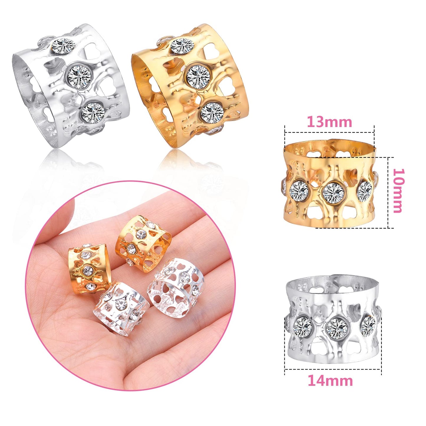 50pcs Rhinestone Dreadlocks Beads Alloy Hair Ring Decoration Braiding Hair Braid Cuff Clip Beard Hollow Heart Tube Beads Accessories for Women Men