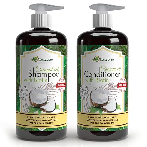 Vita A to Zee Coconut Oil Shampoo & Conditioner with Biotin, Aloe Vera (2 x 16.9 Fl Oz) - Hair Regrowth Shampoo Conditioner for Dry, Frizzy & Coarse