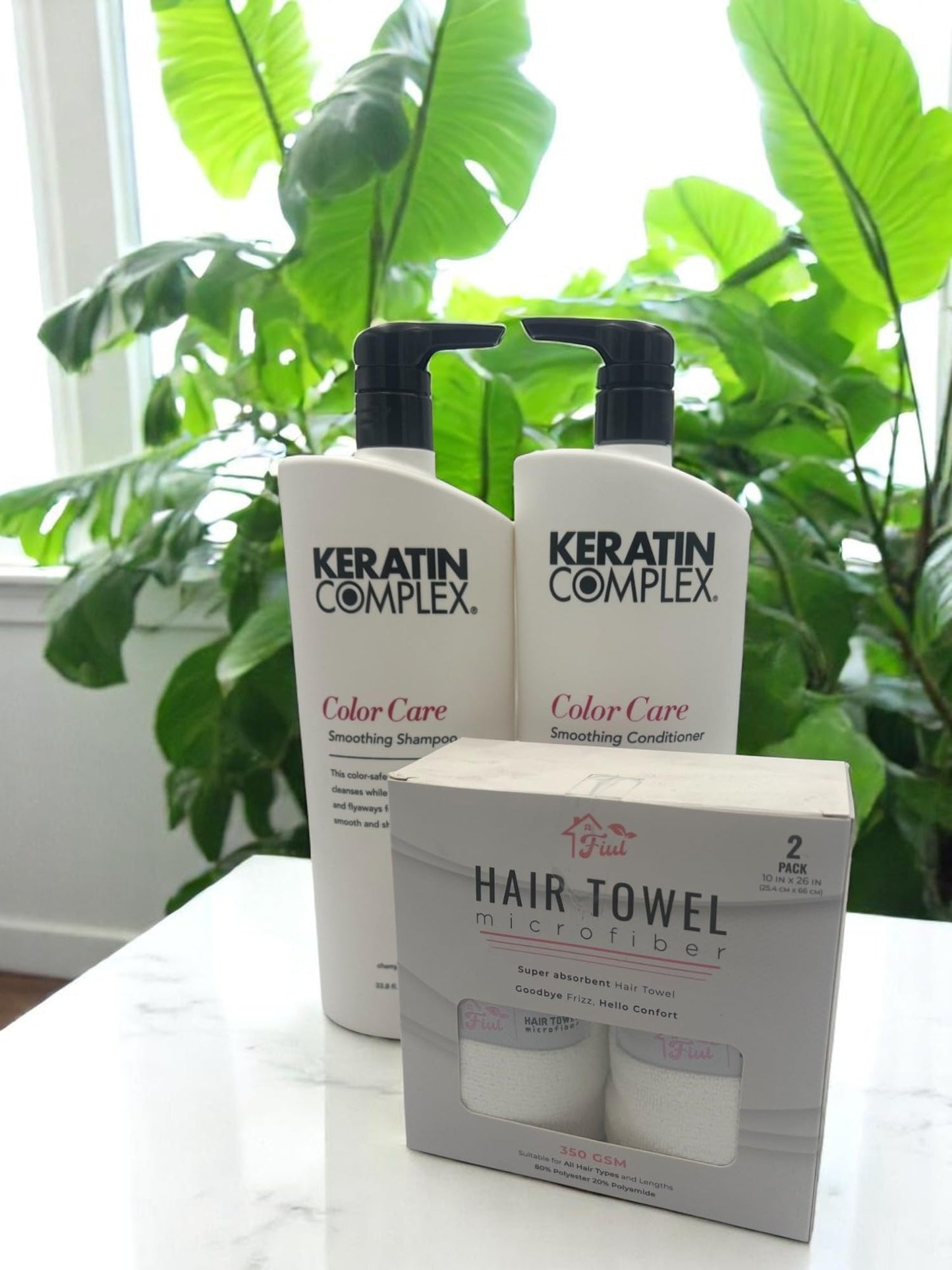 FIUL - Keratin Hair Color Care Set Smoothing Shampoo & Conditioner + Gift Super Absorbent Microfiber Hair Towel - Color Care - Keratin to All Hair