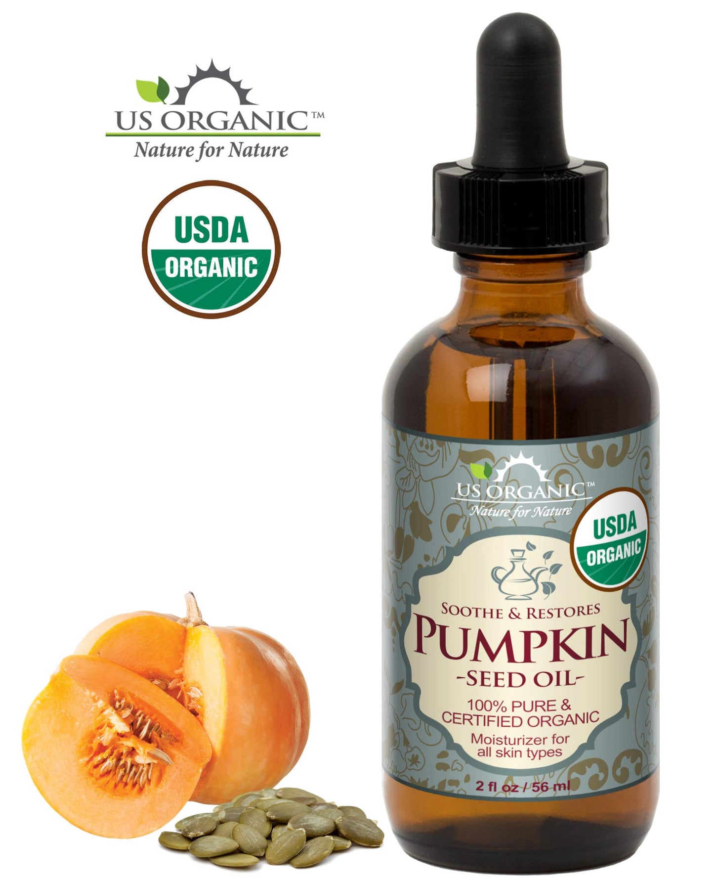 US Organic Pumpkin Seed Oil, USDA Certified Organic, Pure, Natural, Cold Pressed Virgin, Unrefined in Amber Glass Bottle w/Glass Eyedropper (Small (2