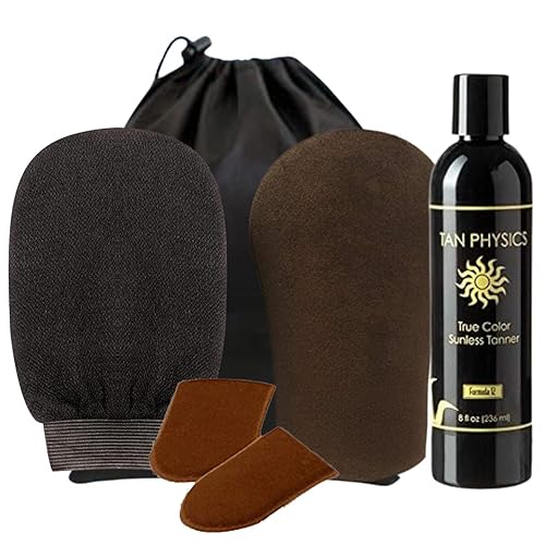 Tan Physics Sunless Tanner - 6pc Tanning Kit with Face & Body Mitts, Exfoliation Mitt & Travel Bag - Self Tanning Lotion for Face & Body - Instant