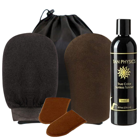 Tan Physics Sunless Tanner - 6pc Tanning Kit with Face & Body Mitts, Exfoliation Mitt & Travel Bag - Self Tanning Lotion for Face & Body - Instant