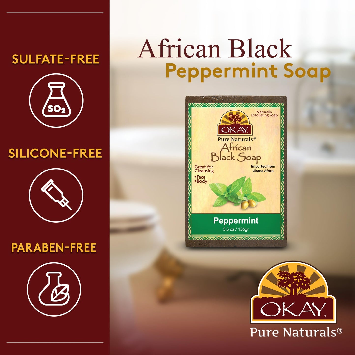 OKAY | African Black Soap with Peppermint | For All Skin Types | Cleanses and Exfoliates | Nourishes and Heals | Free of Sulfate, Silicone & Paraben |