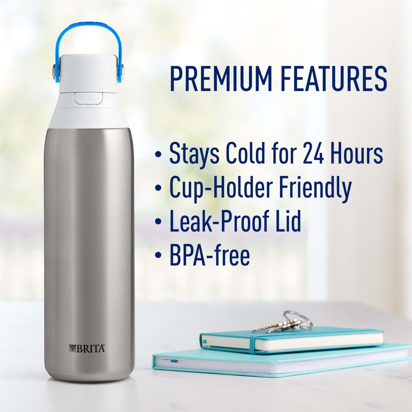 Brita Stainless Steel Premium Filtering Water Bottle, BPA-Free, Replaces 300 Plastic Water Bottles, Filter Lasts 2 Months or 40 Gallons, Includes 1