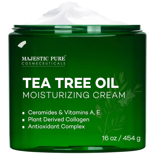 Majestic Pure Tea Tree Oil Moisturizing Cream - Body, Foot & Face Moisturizer - With Ceramides, Vitamins A E & Vegan Collagen - For Dry Skin, Oily