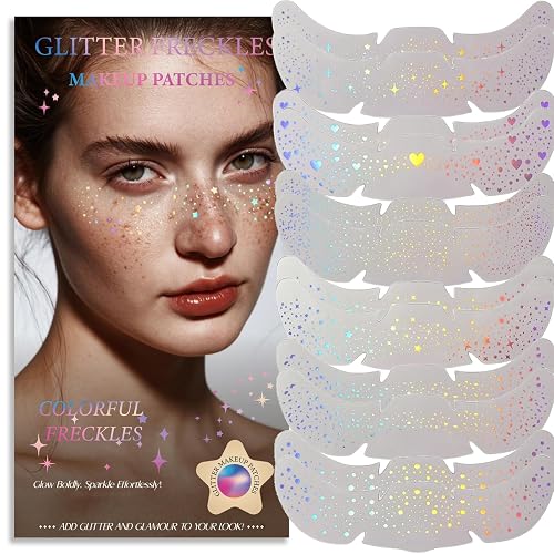 Glitter Freckles, Holographic Face and Body Glitter Tattoo Sparkle for Women Gold Glow Cosmetic Star Makeup Accessories for Festival Rave (12pcs