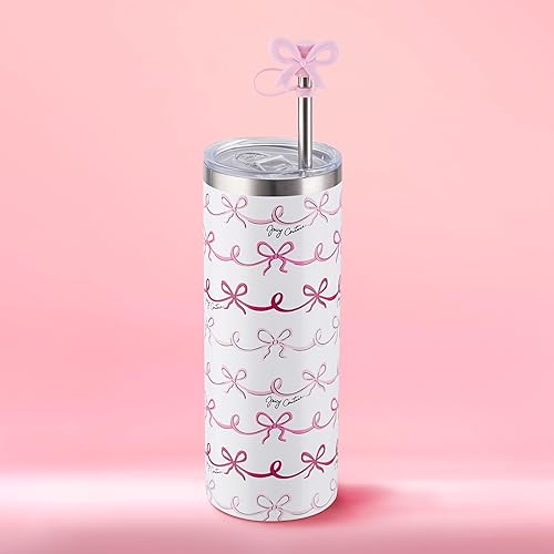 Juicy Couture Glam Slip 24oz Stainless Steel Hydration Tumbler with Straw Topper, Pink Doodle Bows