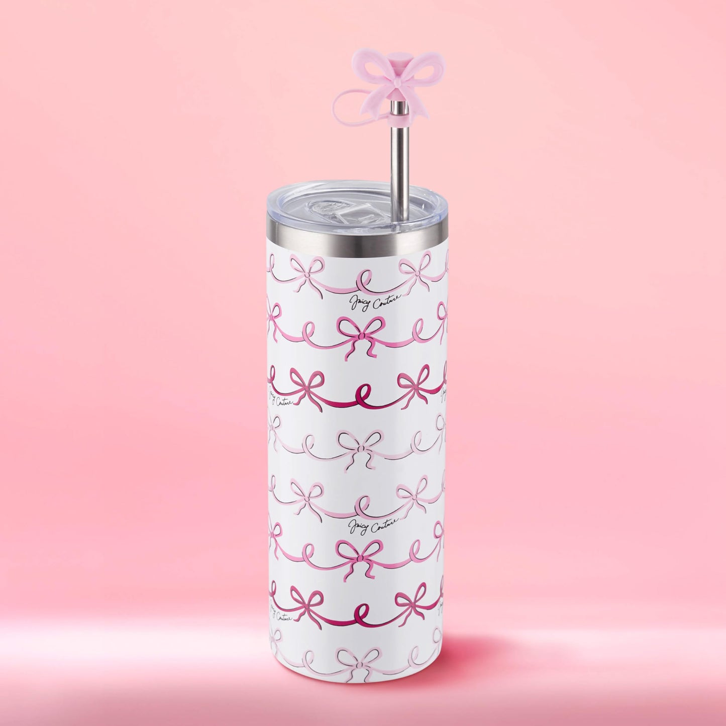 Juicy Couture Glam Slip 24oz Stainless Steel Hydration Tumbler with Straw Topper, Pink Doodle Bows