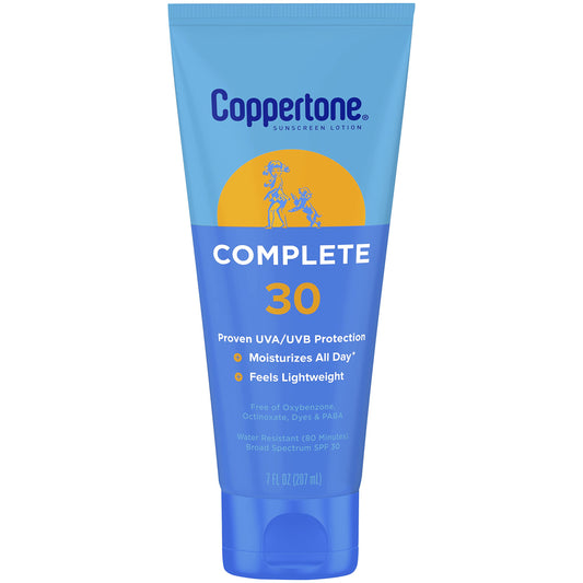 Coppertone Complete Sunscreen Lotion SPF 30, Face and Body Sunscreen, Lightweight, Water Resistant, 7 Fl Oz