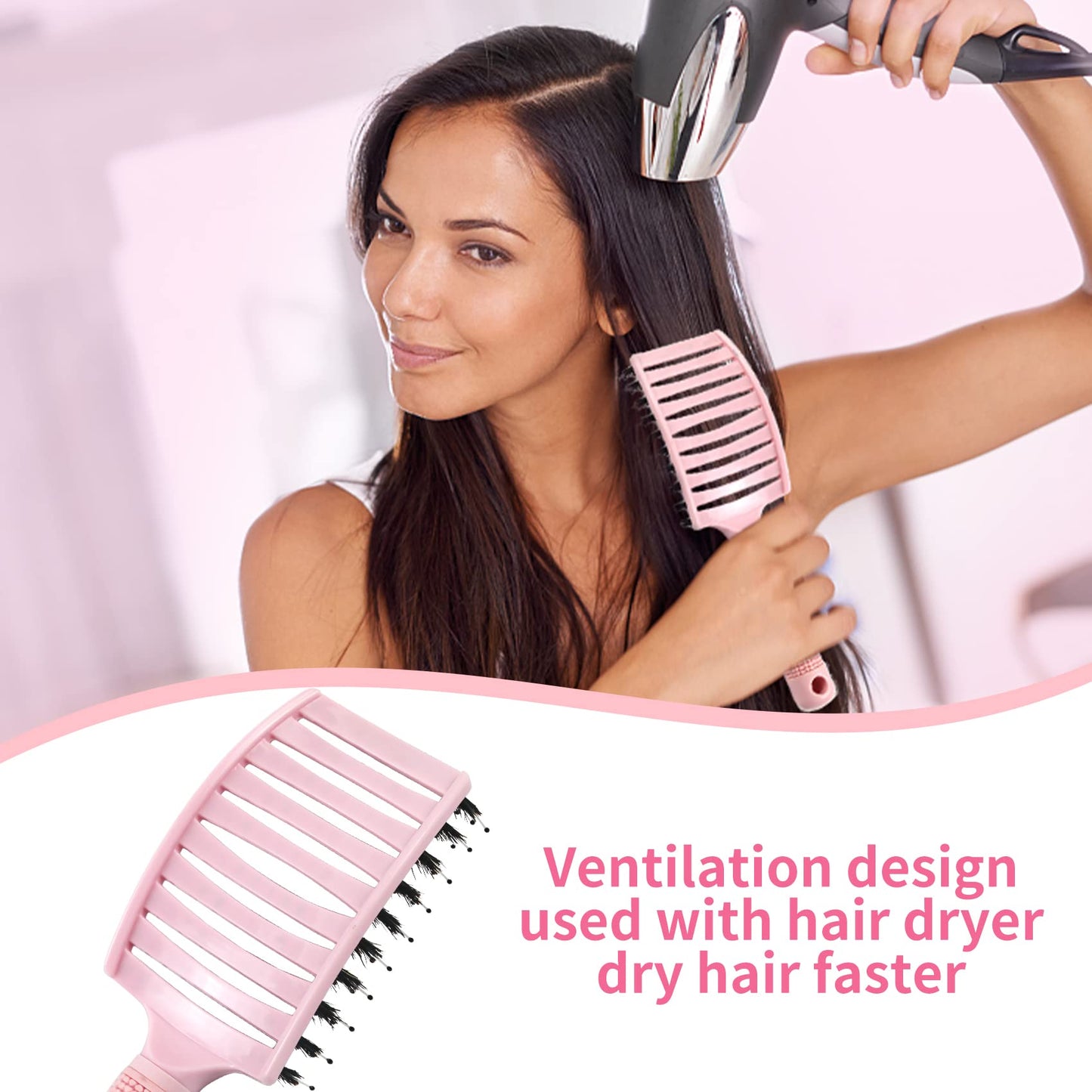 EKONAER 3 Pack Vented Quick Drying Massage Blow Detangler Brush,Boar Bristle Hair Brush Set-Curved,Detangling Hair Brush for Women Long,Thick, Thin