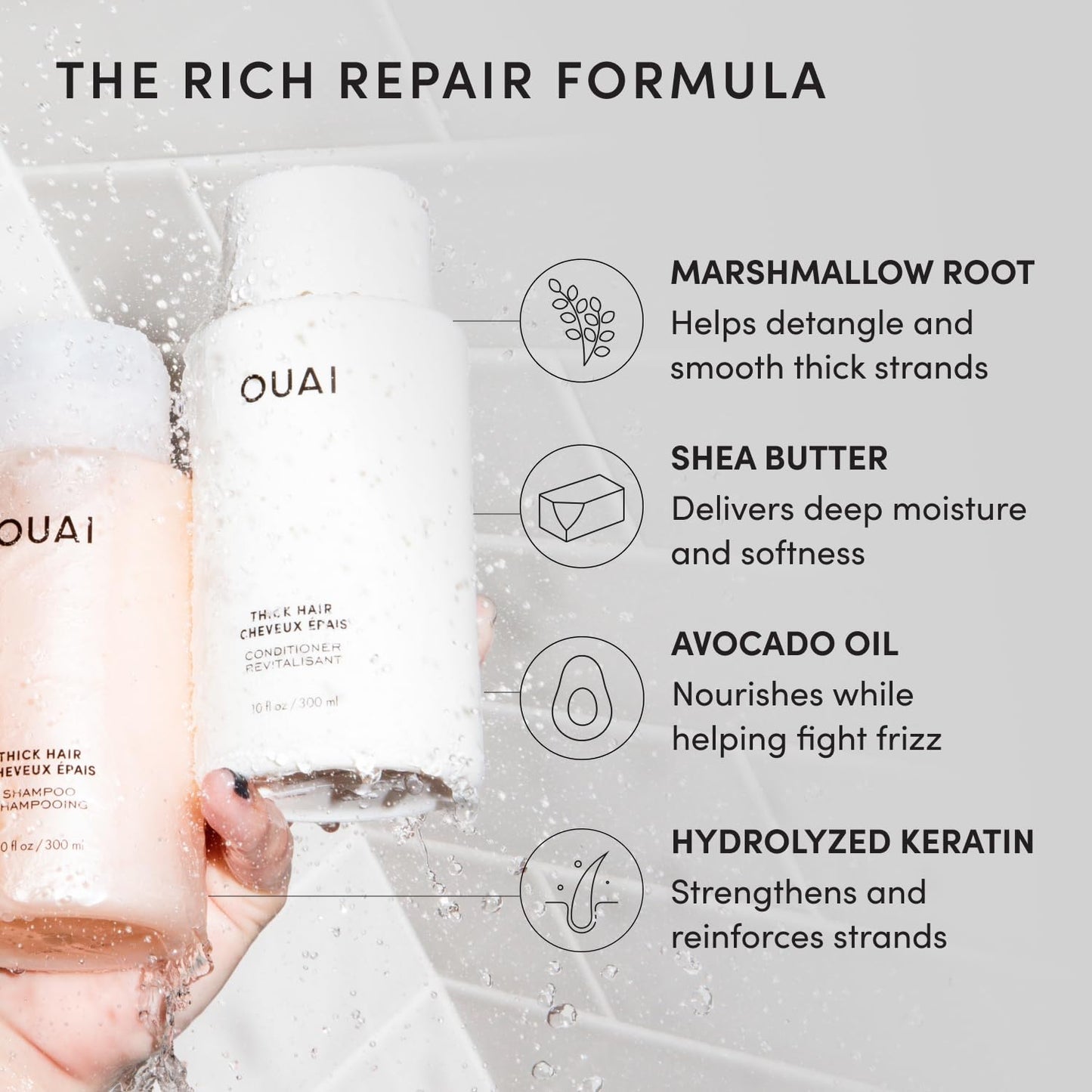 OUAI Thick Hair Shampoo & Conditioner Set, Travel Size - Moisturizing Shampoo & Conditioner - With Keratin, Marshmallow Root, Shea Butter & Avocado