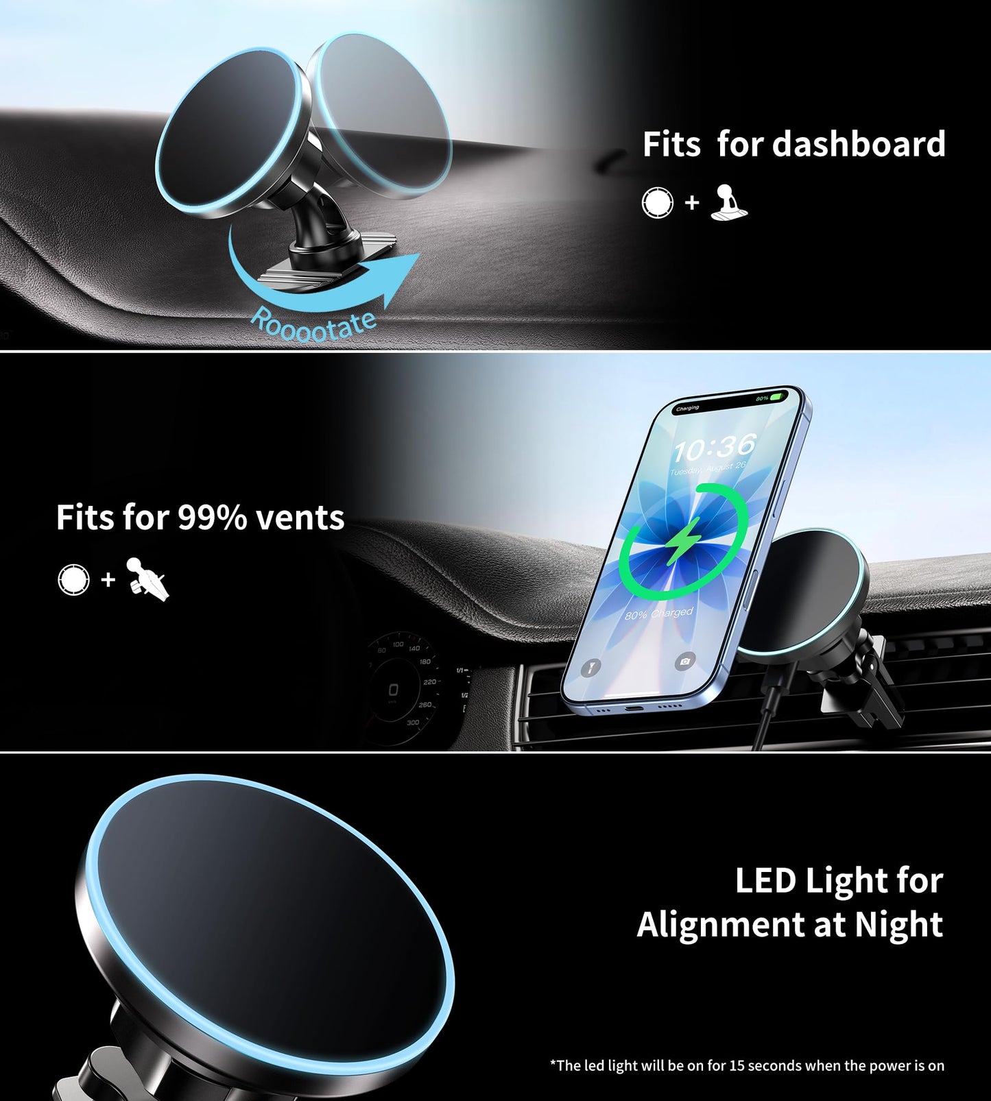 BHHB for Magsafe Car Mount Charger, [2025 Upgrade] 15W 2in1 Magnetic Wireless Car Charger, fits for Magsafe Car Charger, Vent/Dashboard Phone Holder…