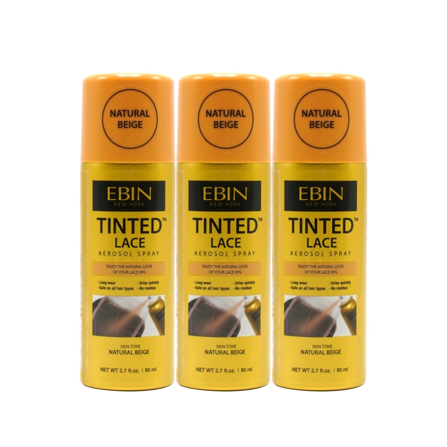 EBIN NEW YORK Tinted Lace Aerosol Spray 3pack - Natural Beige 2.7 Oz/ 80 mL | Quick Dry, Water-Resistant, No Residue, Even Spray, Matching Skin Tone