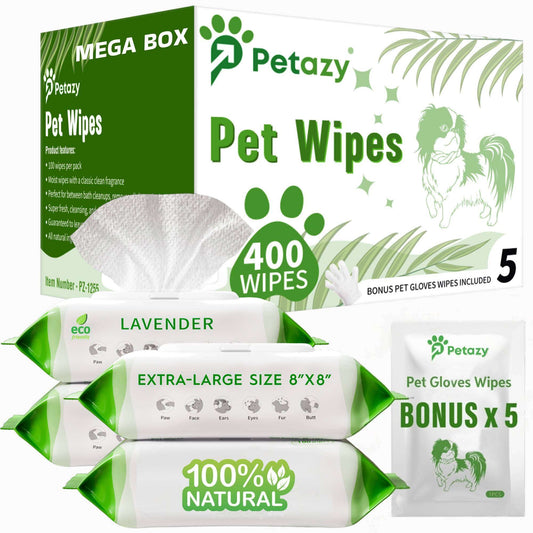 Petazy 400 Dog Wipes – Organic Lavender Scented Pet Wipes for Paws, Butt, Ears & Eyes – Extra Thick, Deodorizing + Bonus Glove Wipes for Dogs & Cats