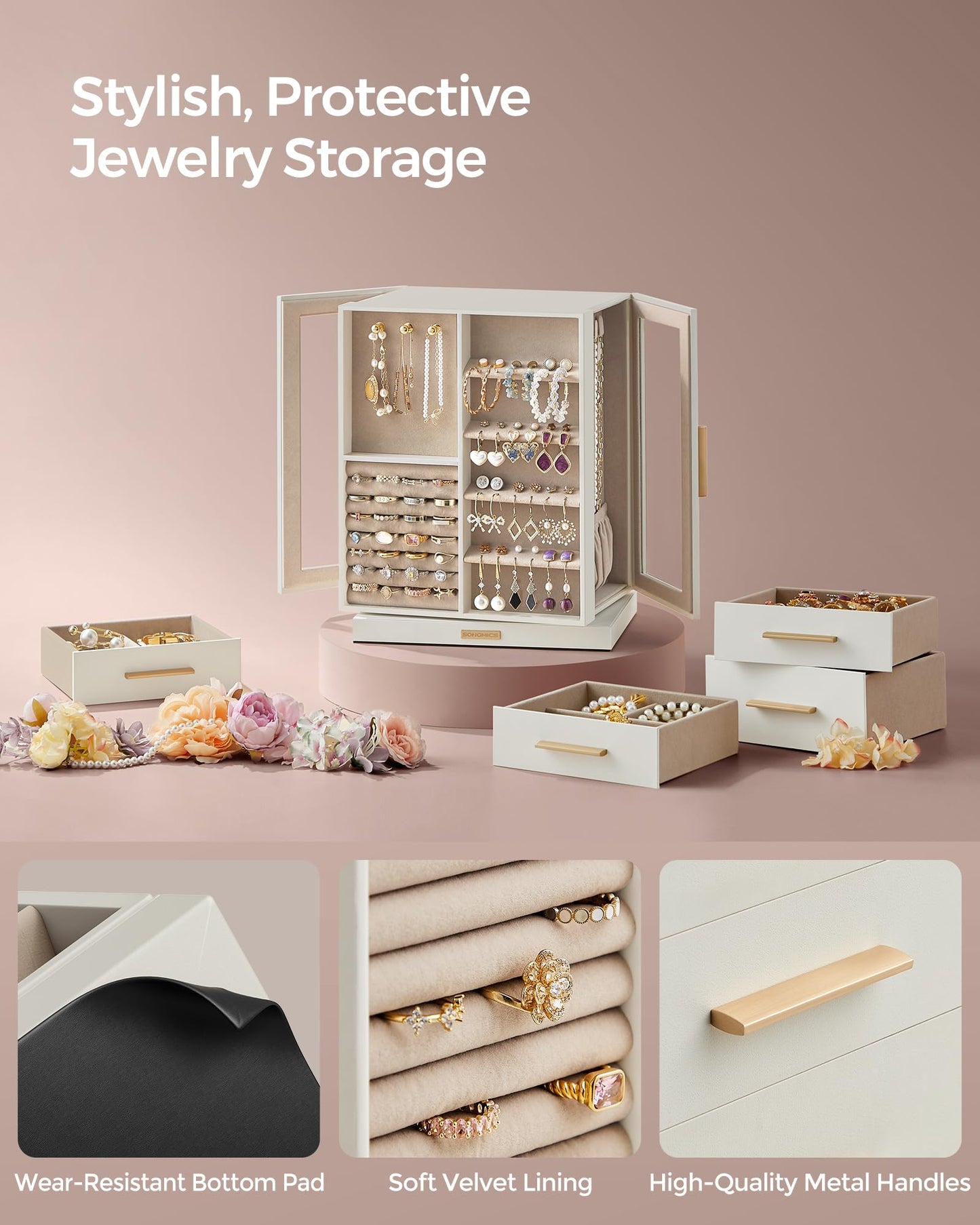 SONGMICS Jewelry Box 360° Rotating, Jewelry Storage Case with 5 Drawers, Jewelry Organizer, Glass Window, Spacious, Vertical Jewelry Storage, Open…