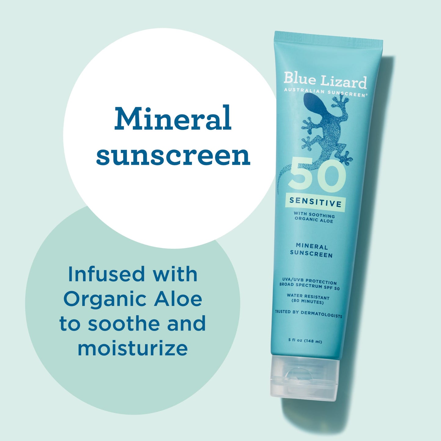Blue Lizard Sensitive Mineral SPF 50 Sunscreen Lotion, 100% Mineral Sunscreen, UVA/UVB Protection, Infused with organic Aloe Vera, Soothes
