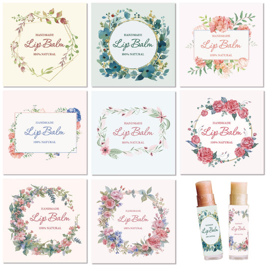 CRASPIRE 80Pcs 8 Styles Lip Balm Sticker Flower Leaf Wreath Plant Self-Adhesive Homemade Lip Balm Labels Vintage Square DIY Label Stickers for Lip Beauty and Personal Care CRASPIRE