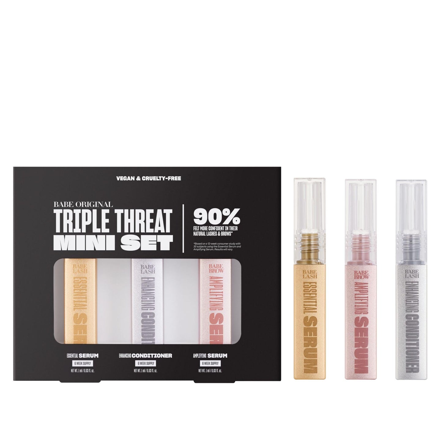Babe Original Triple Threat Mini Set, Includes Babe Lash Essential Serum & Enhancing Conditioner + Babe Brow Amplifying Serum, 1 mL, 3 Pack