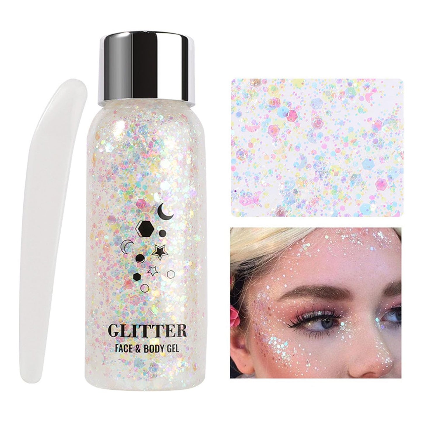 JUDEWY Body Glitter Gel, Face Glitter Body Glitter Glitter Liquid Eyeshadow, Face Hair Nail Glitter, Holographic Makeup Festival Glitter Makeup (01)