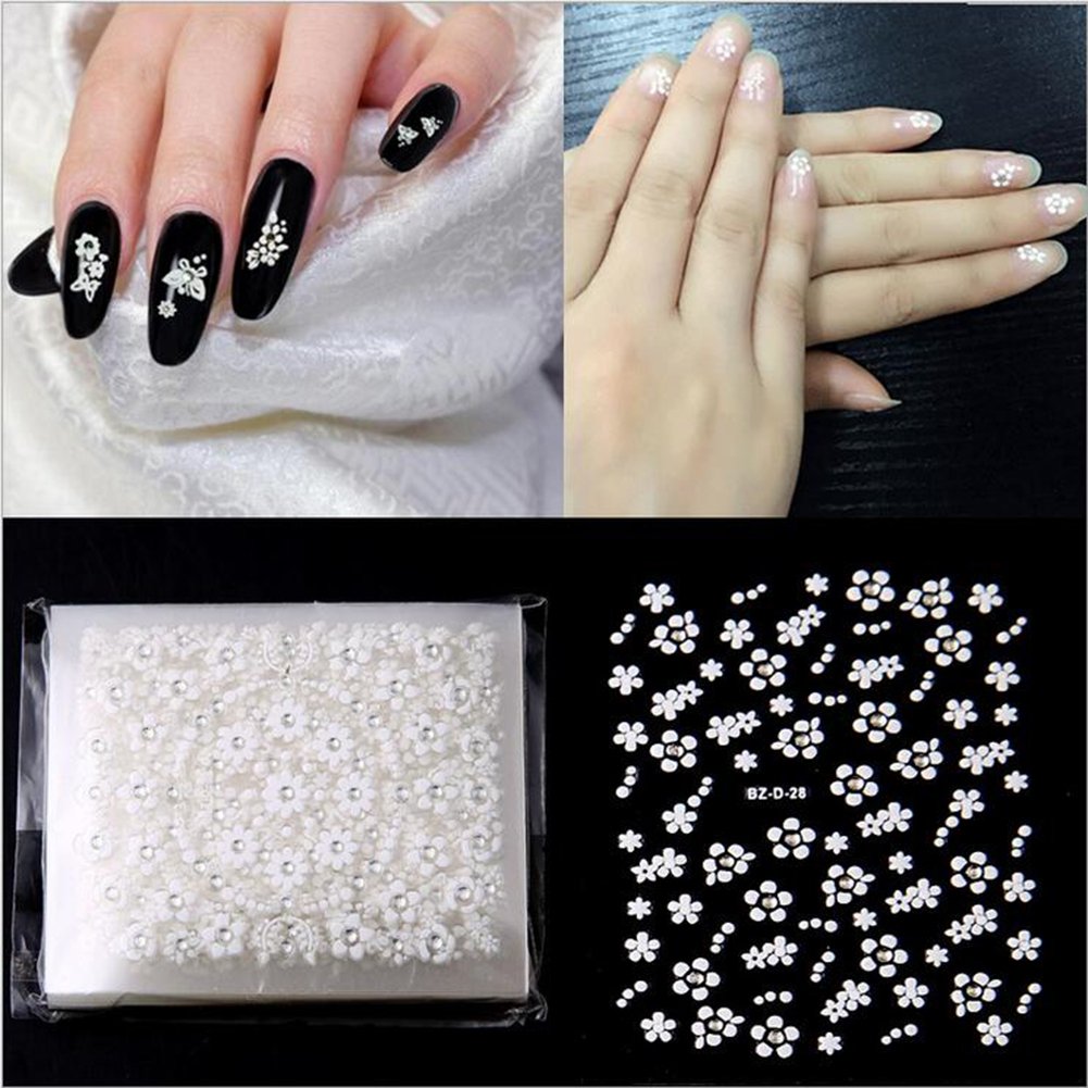 WOKOTO 90Pcs Self-Adhesive 3D Design Nail Art Sticker Colorful White Black Flower Fingernail Decals Nail Art Decoration Decals with 1 Pcs Anti-Static