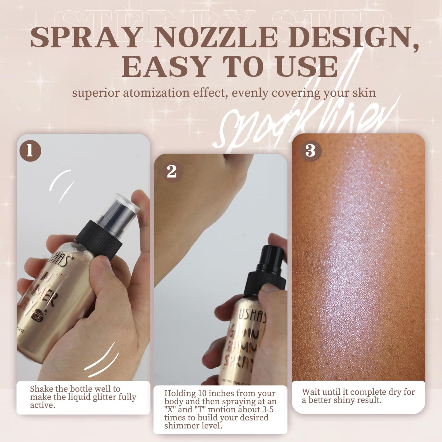 Body Glitter Spray, Body Shimmer Spray Quick Drying Body Glow Shimmer Long-Lasting Shiny Glitter for Women Men for Party, Concert 2.6 Fl Oz. (Light