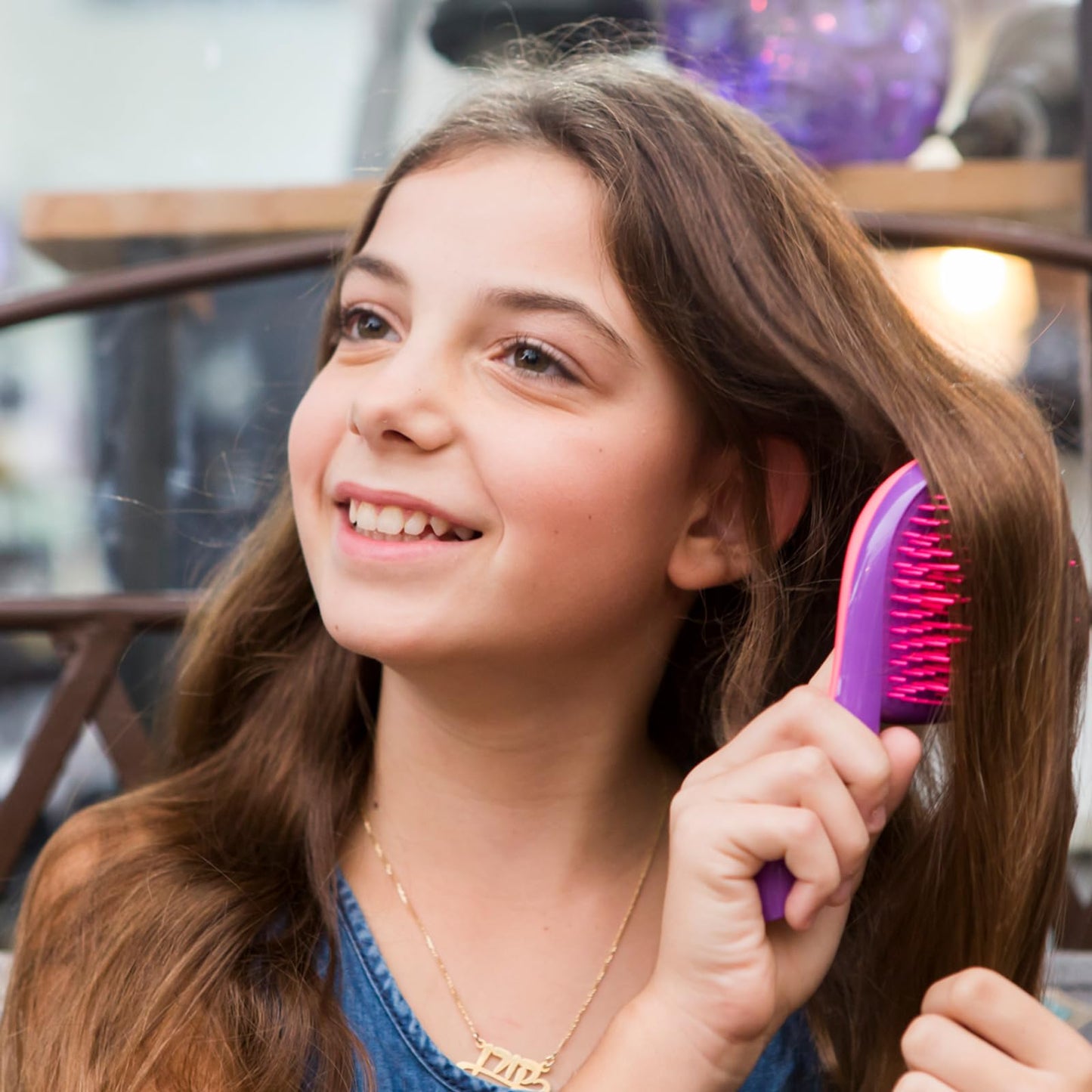 Michel Mercier The Girlie Detangle Brush - Painless Detangling Brush - Easy Grip Hair Brush Design - Thick and Curly Hair - Pink-Purple - 1 pc